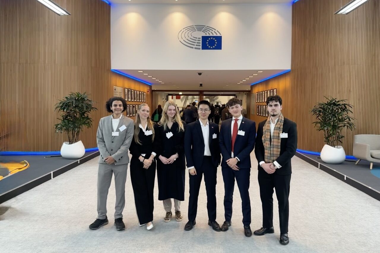 Maximilian Thiersch, Samir Fazili, Luwen Vincent Zhang, Lia Ming, Lily Houben and Rayen Ajlani speaking at the European Parliament in Brussels